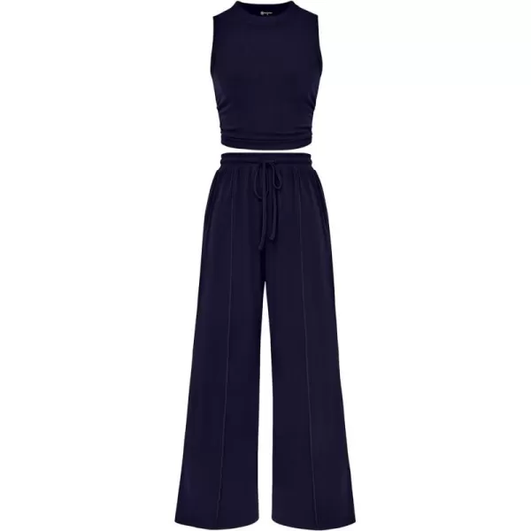 imagePRETTYGARDEN Womens Summer 2 Piece Outfits Ribbed Knit Lounge Sets Tracksuit Sleeveless Crop Tank Tops Wide Leg Casual PantsNavy