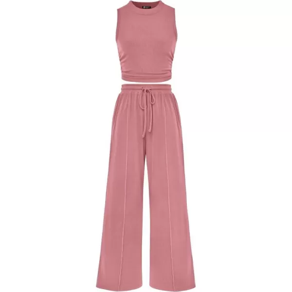 imagePRETTYGARDEN Womens Summer 2 Piece Outfits Ribbed Knit Lounge Sets Tracksuit Sleeveless Crop Tank Tops Wide Leg Casual PantsPink
