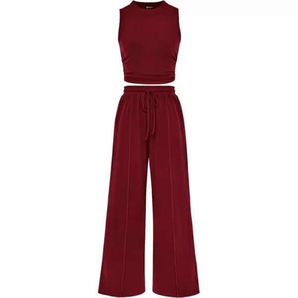 imagePRETTYGARDEN Womens Summer 2 Piece Outfits Ribbed Knit Lounge Sets Tracksuit Sleeveless Crop Tank Tops Wide Leg Casual PantsWine Red