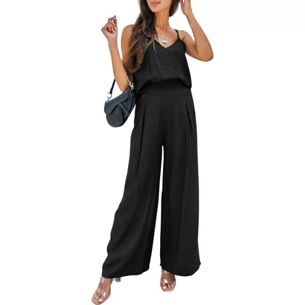 imagePRETTYGARDEN Womens Summer 2 Piece Set Sleeveless V Neck Cami Top Wide Leg Pants Loose Fit Casual OutfitBlack