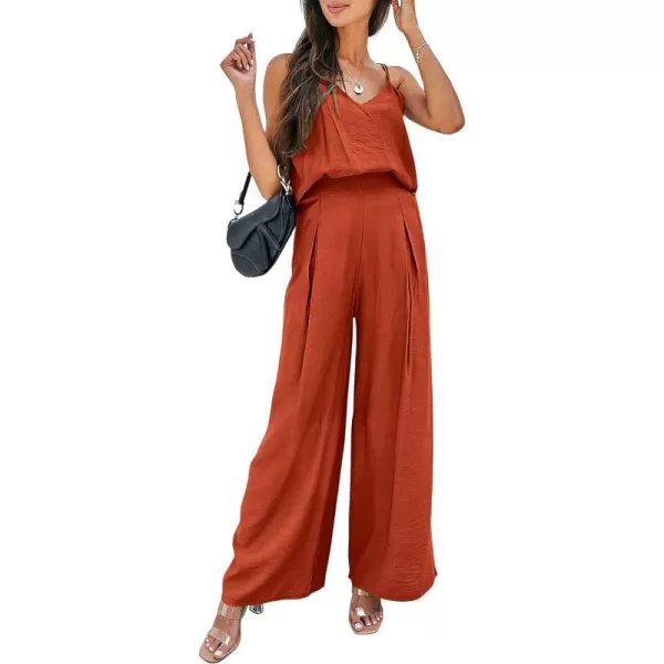 imagePRETTYGARDEN Womens Summer 2 Piece Set Sleeveless V Neck Cami Top Wide Leg Pants Loose Fit Casual OutfitBrown Red