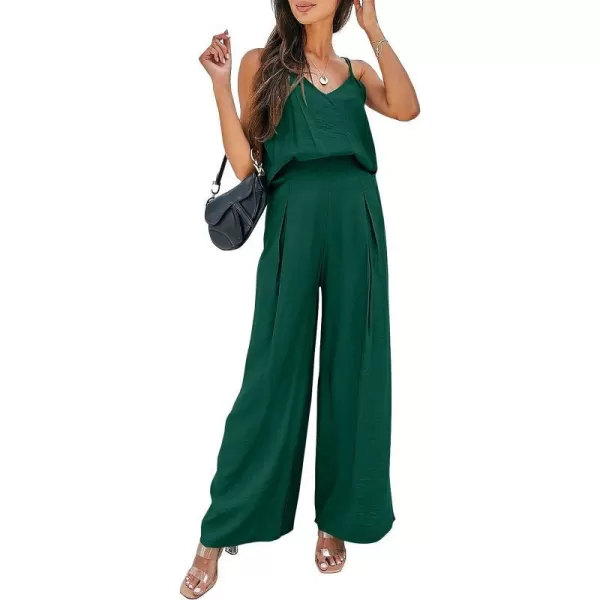 imagePRETTYGARDEN Womens Summer 2 Piece Set Sleeveless V Neck Cami Top Wide Leg Pants Loose Fit Casual OutfitDark Green
