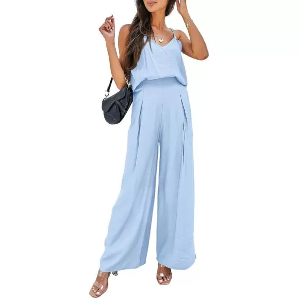 imagePRETTYGARDEN Womens Summer 2 Piece Set Sleeveless V Neck Cami Top Wide Leg Pants Loose Fit Casual OutfitLight Blue