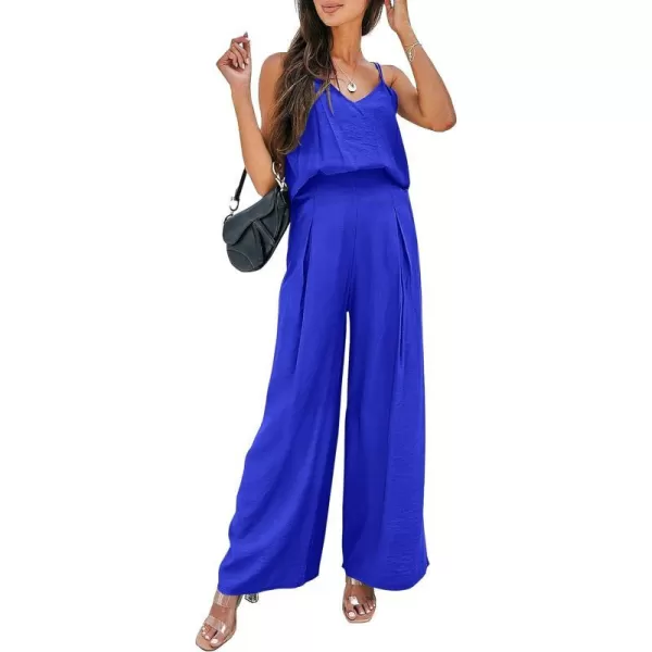 imagePRETTYGARDEN Womens Summer 2 Piece Set Sleeveless V Neck Cami Top Wide Leg Pants Loose Fit Casual OutfitRoyal Blue