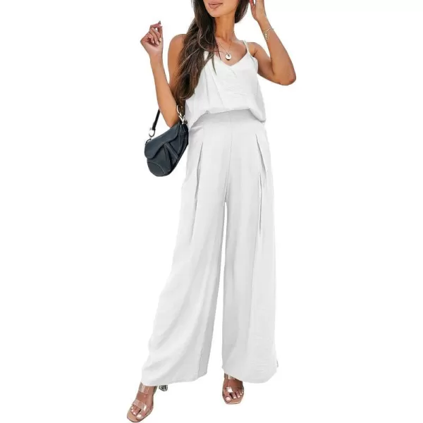 imagePRETTYGARDEN Womens Summer 2 Piece Set Sleeveless V Neck Cami Top Wide Leg Pants Loose Fit Casual OutfitWhite