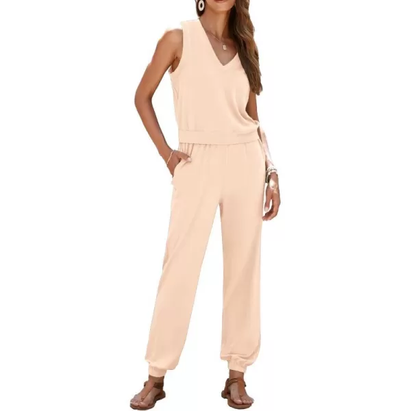 imagePRETTYGARDEN Womens Summer 2 Piece Tracksuit V Neck Tank Top Jogger Sweatpants Set Casual Lounge OutfitsBeige