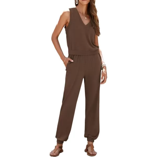imagePRETTYGARDEN Womens Summer 2 Piece Tracksuit V Neck Tank Top Jogger Sweatpants Set Casual Lounge OutfitsCoffee