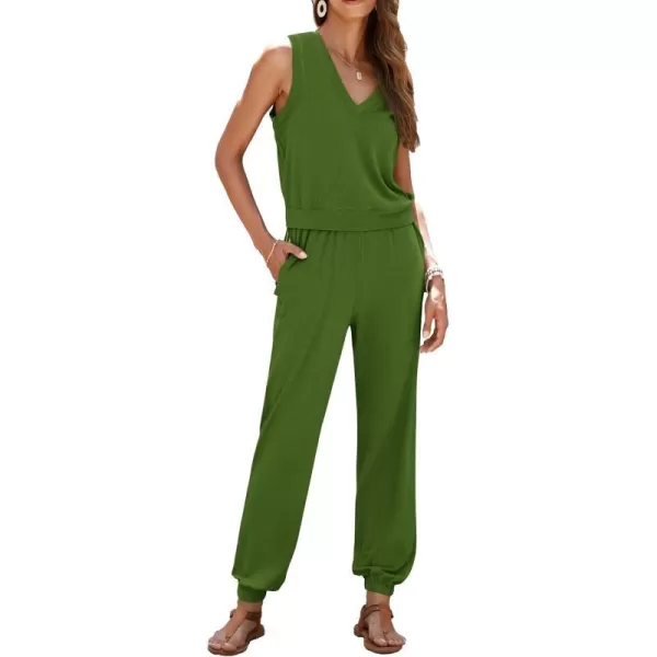 imagePRETTYGARDEN Womens Summer 2 Piece Tracksuit V Neck Tank Top Jogger Sweatpants Set Casual Lounge OutfitsGreen