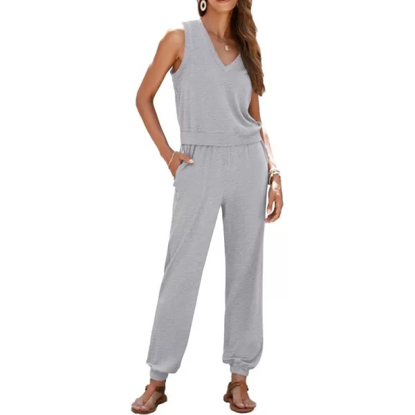 imagePRETTYGARDEN Womens Summer 2 Piece Tracksuit V Neck Tank Top Jogger Sweatpants Set Casual Lounge OutfitsGrey