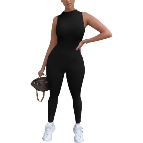 imagePRETTYGARDEN Womens Summer Bodycon Jumpsuits Casual Sleeveless One Piece Stretchy Tank Slim Fit RomperPants Black