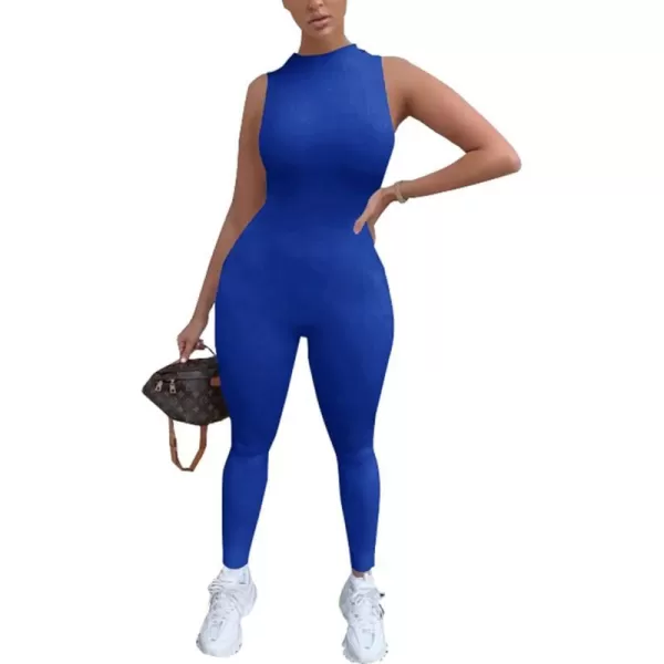 imagePRETTYGARDEN Womens Summer Bodycon Jumpsuits Casual Sleeveless One Piece Stretchy Tank Slim Fit RomperPants Blue