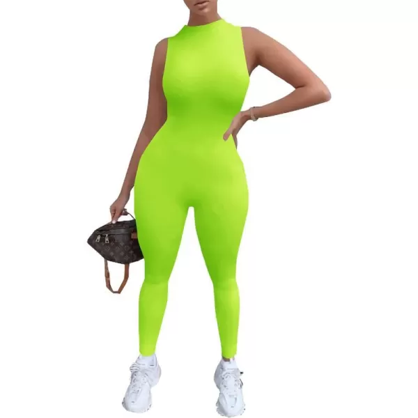 imagePRETTYGARDEN Womens Summer Bodycon Jumpsuits Casual Sleeveless One Piece Stretchy Tank Slim Fit RomperPants Fluorescent Green