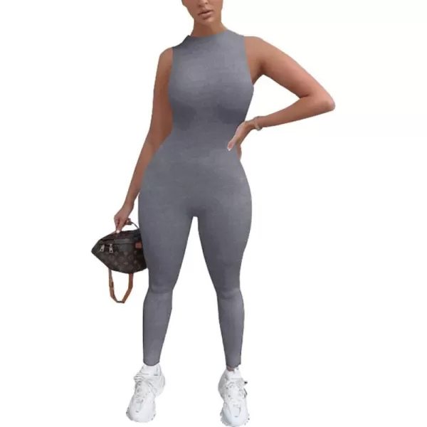 imagePRETTYGARDEN Womens Summer Bodycon Jumpsuits Casual Sleeveless One Piece Stretchy Tank Slim Fit RomperPants Grey