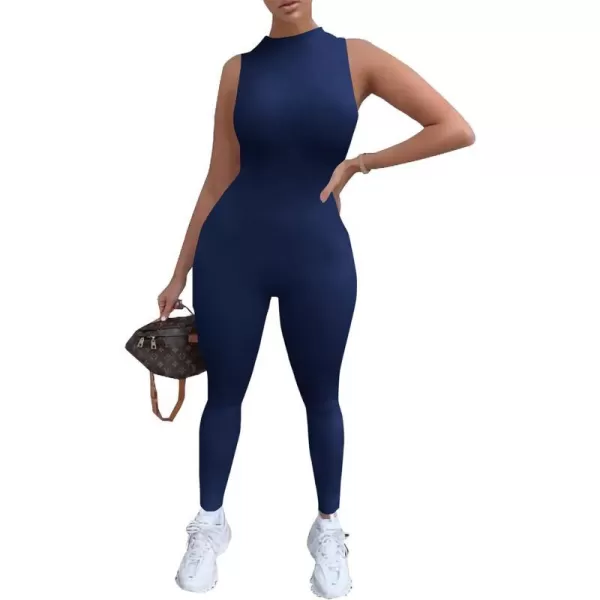 imagePRETTYGARDEN Womens Summer Bodycon Jumpsuits Casual Sleeveless One Piece Stretchy Tank Slim Fit RomperPants Navy