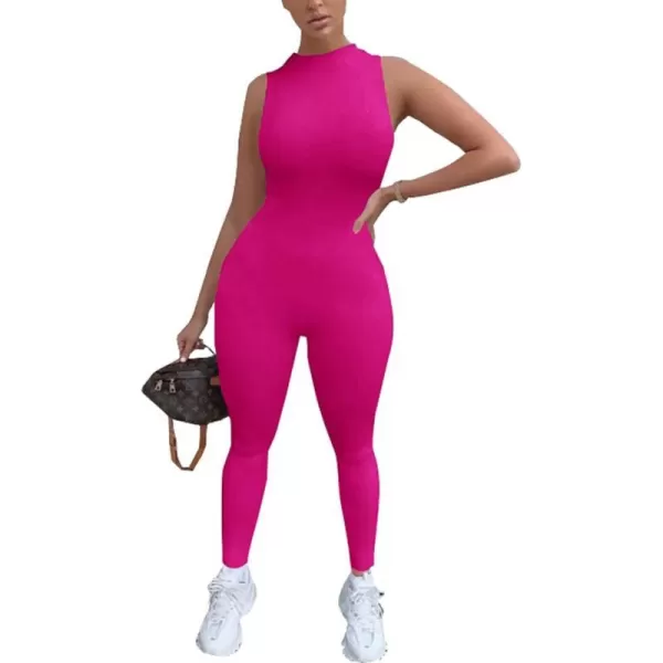 imagePRETTYGARDEN Womens Summer Bodycon Jumpsuits Casual Sleeveless One Piece Stretchy Tank Slim Fit RomperPants Rose Red