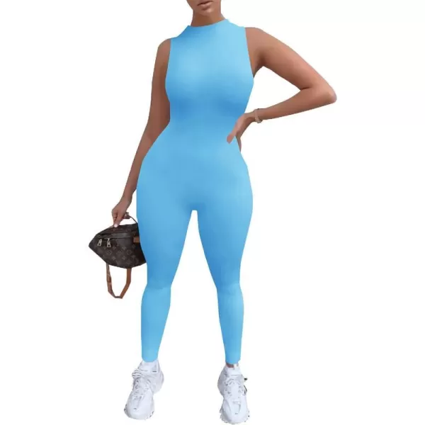 imagePRETTYGARDEN Womens Summer Bodycon Jumpsuits Casual Sleeveless One Piece Stretchy Tank Slim Fit RomperPants Sky Blue