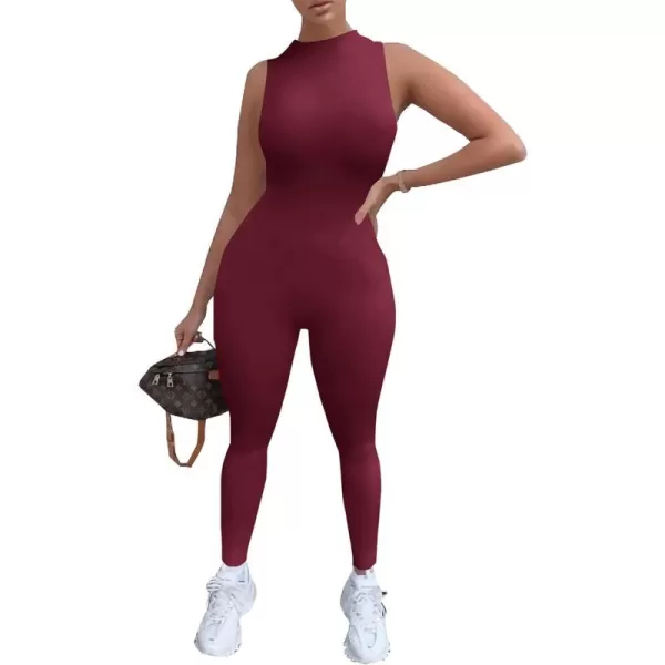 imagePRETTYGARDEN Womens Summer Bodycon Jumpsuits Casual Sleeveless One Piece Stretchy Tank Slim Fit RomperPants Wine Red