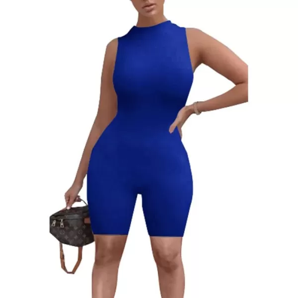 imagePRETTYGARDEN Womens Summer Bodycon Jumpsuits Casual Sleeveless One Piece Stretchy Tank Slim Fit RomperShorts Blue