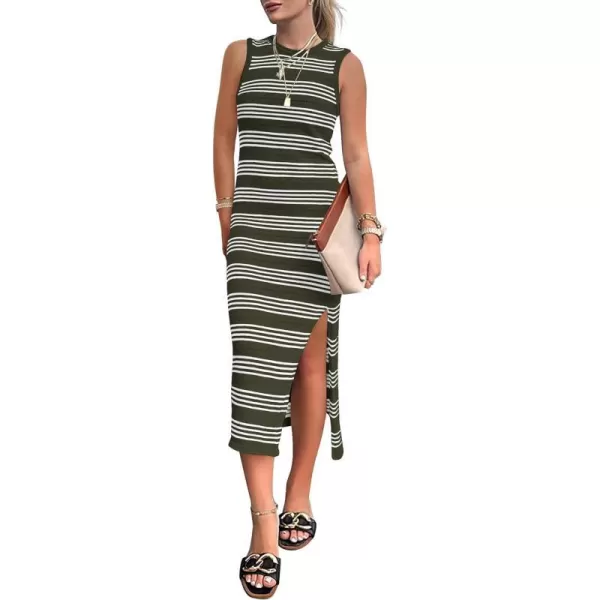 imagePRETTYGARDEN Womens Summer Bodycon Sundresses Casual Midi Sleeveless Hollow Out Knit Side Slit Striped Long Tank DressArmy Green