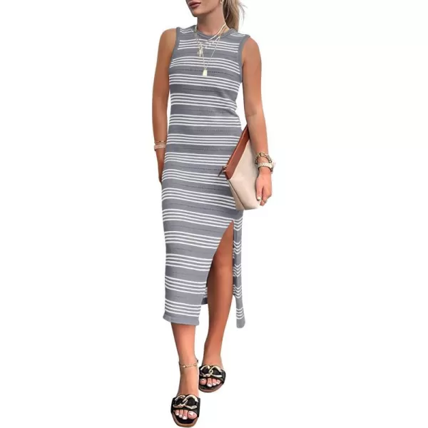 imagePRETTYGARDEN Womens Summer Bodycon Sundresses Casual Midi Sleeveless Hollow Out Knit Side Slit Striped Long Tank DressGrey