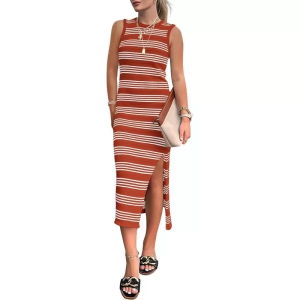 imagePRETTYGARDEN Womens Summer Bodycon Sundresses Casual Midi Sleeveless Hollow Out Knit Side Slit Striped Long Tank DressRust Red