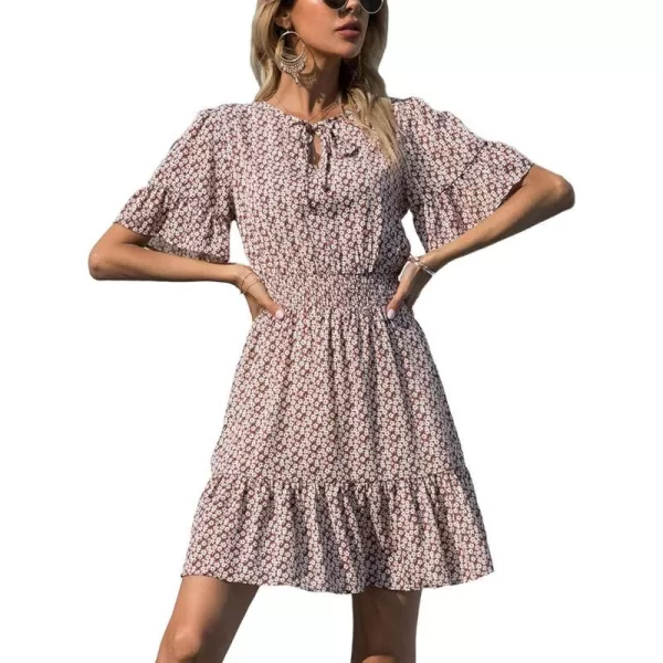 imagePRETTYGARDEN Womens Summer Boho Dress Casual Short Sleeve Tie V Neck Ruffle Floral Print Mini Skater DressesPink