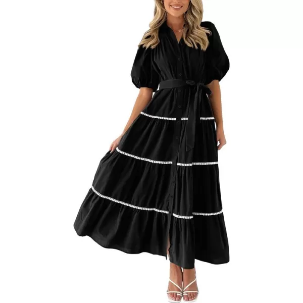 imagePRETTYGARDEN Womens Summer Button Down Shirt Dress Short Puffy Sleeve Tiered Ruffle Flowy Long Maxi DressesBlack