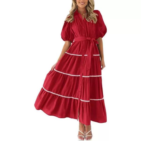 imagePRETTYGARDEN Womens Summer Button Down Shirt Dress Short Puffy Sleeve Tiered Ruffle Flowy Long Maxi DressesRed