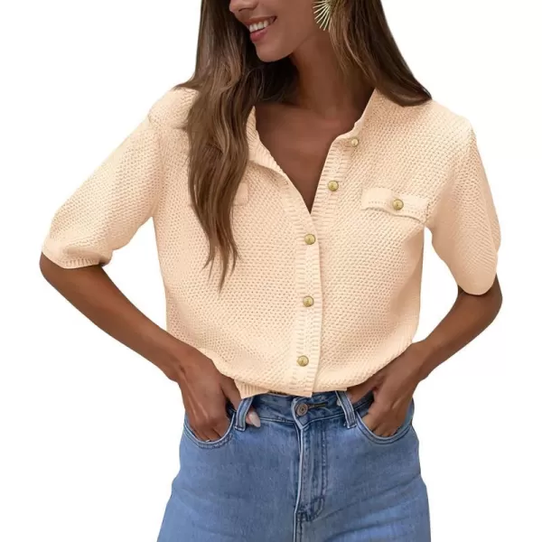 imagePRETTYGARDEN Womens Summer Button Down Shirts Casual Short Sleeve Crew Neck Ribbed Knit Blouse Top CardigansBeige