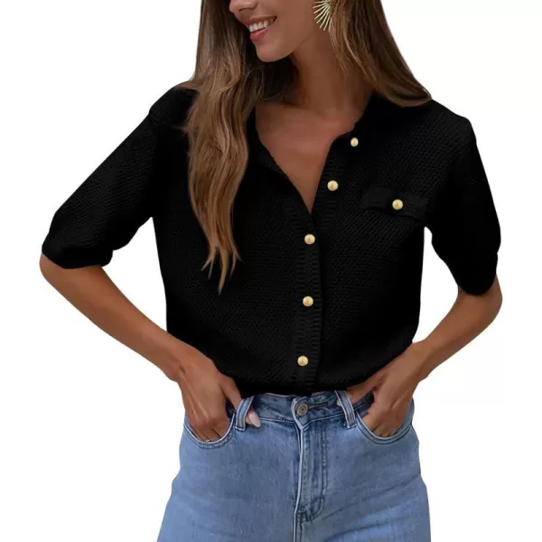 imagePRETTYGARDEN Womens Summer Button Down Shirts Casual Short Sleeve Crew Neck Ribbed Knit Blouse Top CardigansBlack