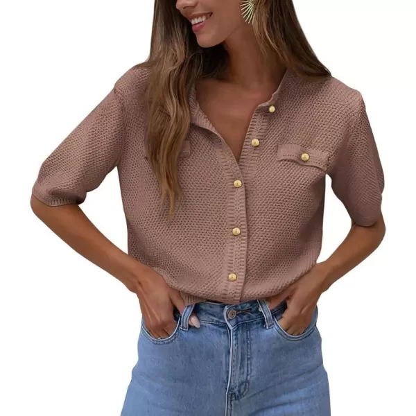 imagePRETTYGARDEN Womens Summer Button Down Shirts Casual Short Sleeve Crew Neck Ribbed Knit Blouse Top CardigansKhaki