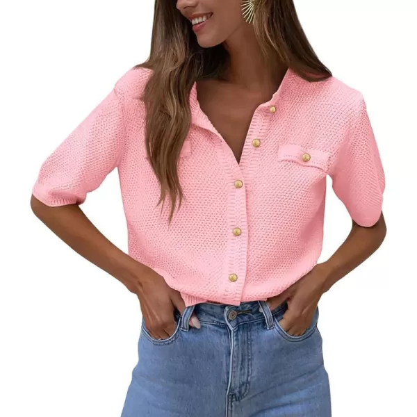 imagePRETTYGARDEN Womens Summer Button Down Shirts Casual Short Sleeve Crew Neck Ribbed Knit Blouse Top CardigansLight Pink