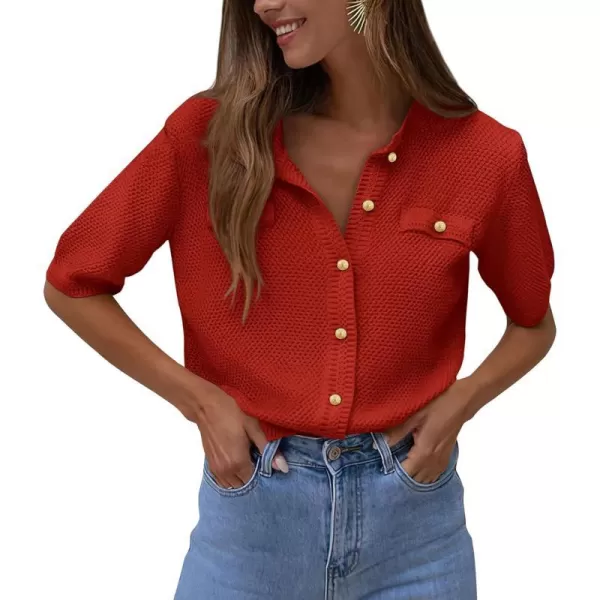 imagePRETTYGARDEN Womens Summer Button Down Shirts Casual Short Sleeve Crew Neck Ribbed Knit Blouse Top CardigansRust Red