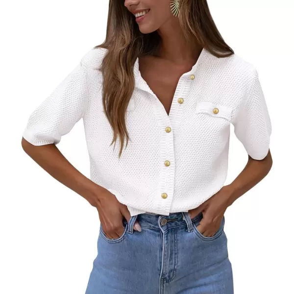 imagePRETTYGARDEN Womens Summer Button Down Shirts Casual Short Sleeve Crew Neck Ribbed Knit Blouse Top CardigansWhite