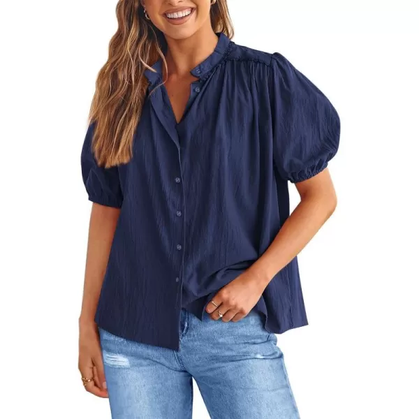 imagePRETTYGARDEN Womens Summer Button Down Shirts Short Lantern Sleeve V Neck Cotton Cute Dressy Casual Ladies Tops BlousesNavy