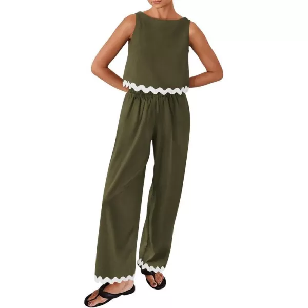 imagePRETTYGARDEN Womens Summer Casual 2 Piece Outfits Sleeveless Tank Crop Top Wide Leg Pants Sets TracksuitArmy Green