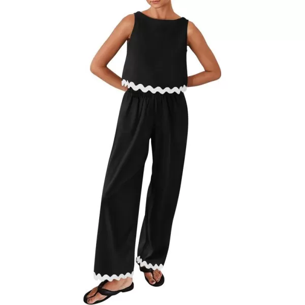 imagePRETTYGARDEN Womens Summer Casual 2 Piece Outfits Sleeveless Tank Crop Top Wide Leg Pants Sets TracksuitBlack