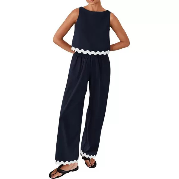 imagePRETTYGARDEN Womens Summer Casual 2 Piece Outfits Sleeveless Tank Crop Top Wide Leg Pants Sets TracksuitNavy