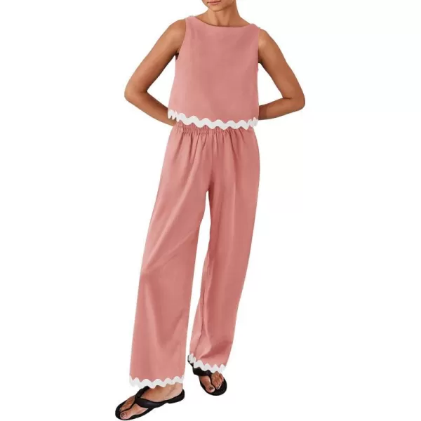 imagePRETTYGARDEN Womens Summer Casual 2 Piece Outfits Sleeveless Tank Crop Top Wide Leg Pants Sets TracksuitPink