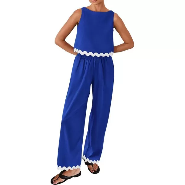imagePRETTYGARDEN Womens Summer Casual 2 Piece Outfits Sleeveless Tank Crop Top Wide Leg Pants Sets TracksuitRoyal Blue
