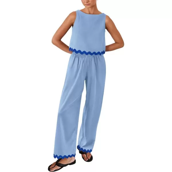 imagePRETTYGARDEN Womens Summer Casual 2 Piece Outfits Sleeveless Tank Crop Top Wide Leg Pants Sets TracksuitSky Blue
