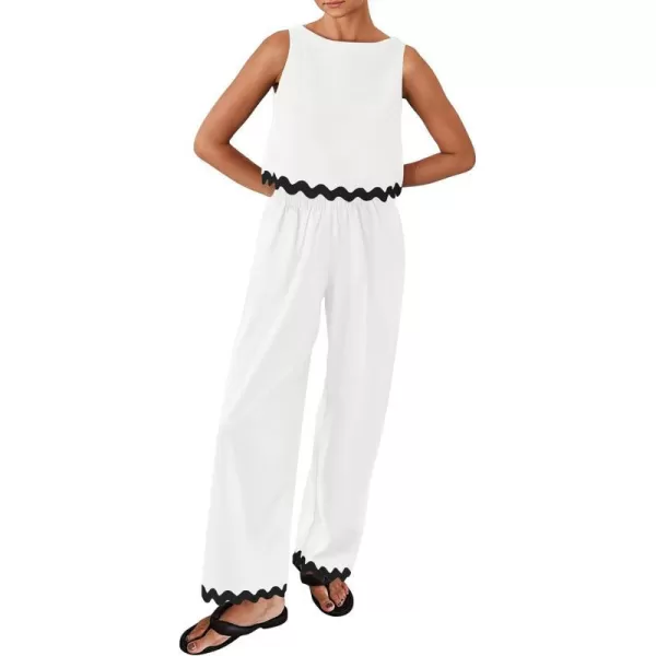 imagePRETTYGARDEN Womens Summer Casual 2 Piece Outfits Sleeveless Tank Crop Top Wide Leg Pants Sets TracksuitWhite