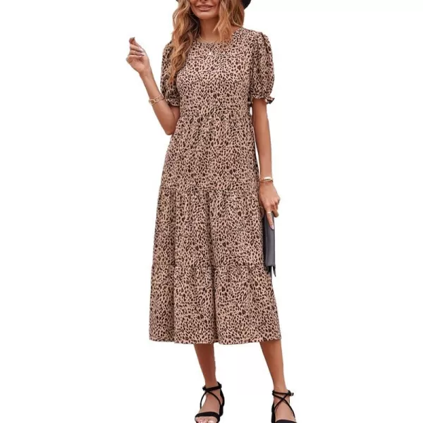 imagePRETTYGARDEN Womens Summer Casual Boho Dress Floral Print Ruffle Puff Sleeve High Waist Midi Beach DressesKhaki Black Leopard