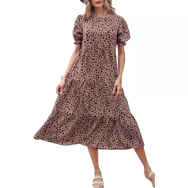imagePRETTYGARDEN Womens Summer Casual Boho Dress Floral Print Ruffle Puff Sleeve High Waist Midi Beach DressesPink