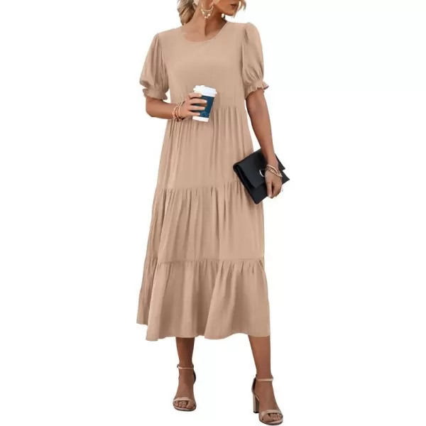 imagePRETTYGARDEN Womens Summer Casual Boho Dress Floral Print Ruffle Puff Sleeve High Waist Midi Beach DressesSolid Khaki