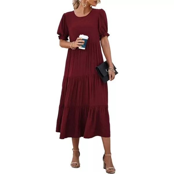 imagePRETTYGARDEN Womens Summer Casual Boho Dress Floral Print Ruffle Puff Sleeve High Waist Midi Beach DressesSolid Wine Red