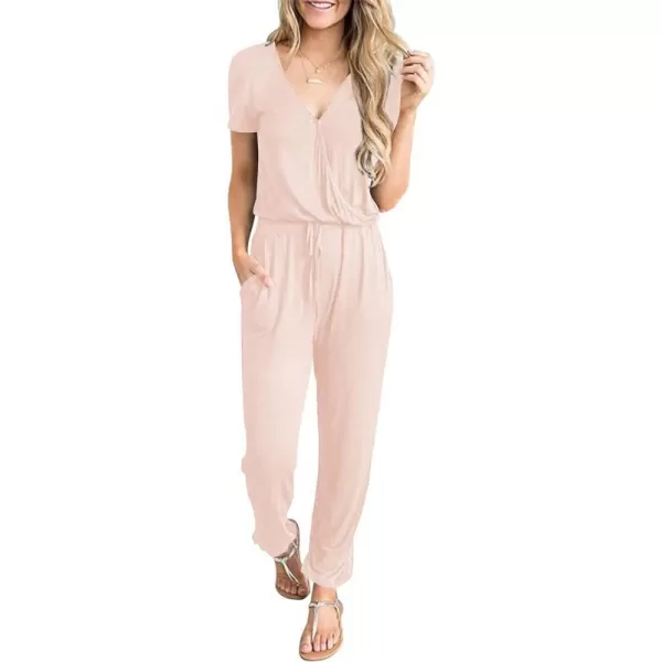 imagePRETTYGARDEN Womens Summer Casual Deep V Neck Short Sleeve Wrap Drawstring Waist Jumpsuit RomperBeige