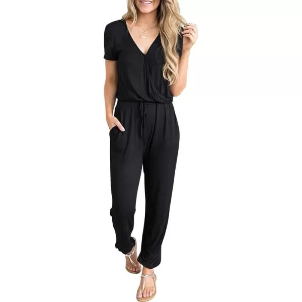 imagePRETTYGARDEN Womens Summer Casual Deep V Neck Short Sleeve Wrap Drawstring Waist Jumpsuit RomperBlack