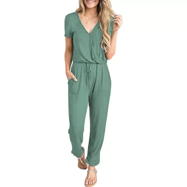 imagePRETTYGARDEN Womens Summer Casual Deep V Neck Short Sleeve Wrap Drawstring Waist Jumpsuit RomperFruit Green
