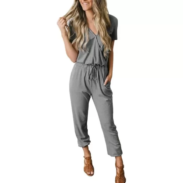 imagePRETTYGARDEN Womens Summer Casual Deep V Neck Short Sleeve Wrap Drawstring Waist Jumpsuit RomperGrey